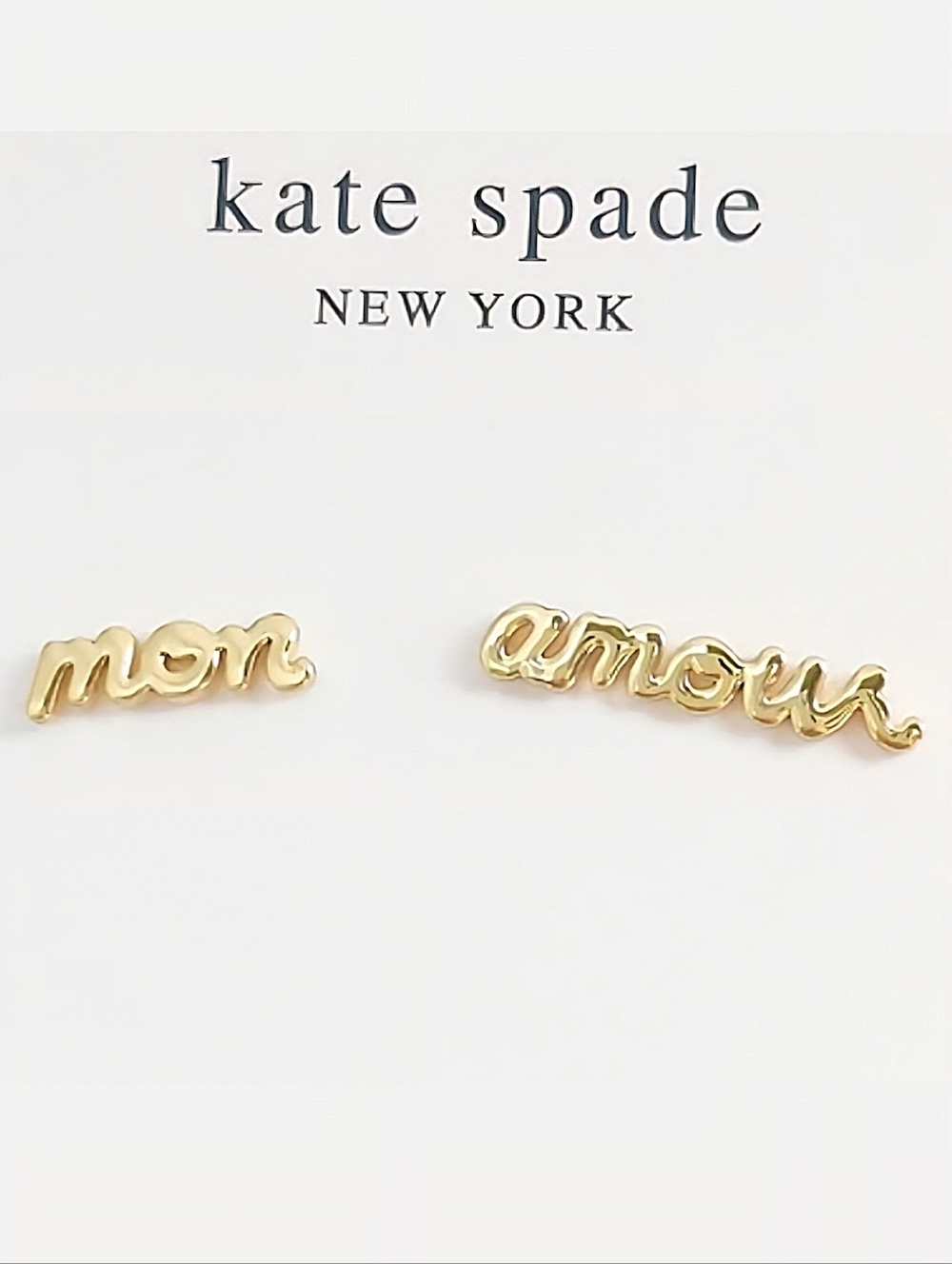 Kate Spade True Love “mon amour” Script Gold Stud Earrings with Dust Bag, NWT